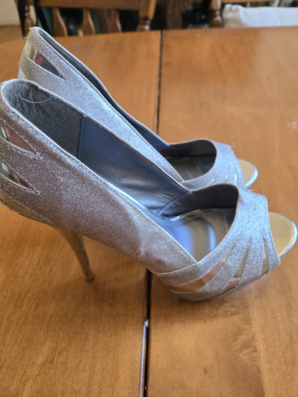 Shiekh Silver Glitter Peep-Toe High Heels with Sculpted Cutouts